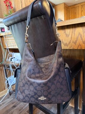 Coach Brown Signature Canvas and Black Leather Hobo Bag